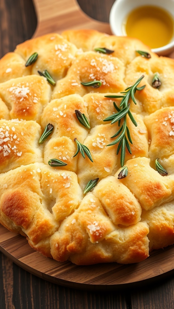 Sourdough Focaccia Bread Recipe Golden-brown focaccia bread with rosemary and sea salt on a cutting board, accompanied by olive oil.